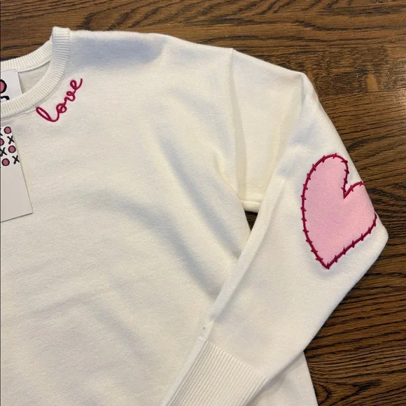 XOKR Kerri Rosenthal white Heart Sweater with pink elbow patches,crewneck, M, ❤️ - Picture 2 of 2